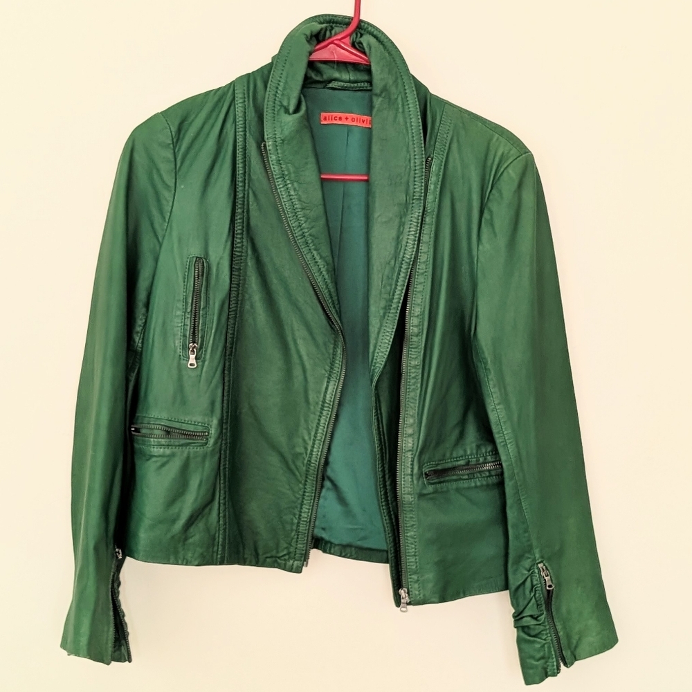 ALICE + OLIVIA Leather Green Cropped Jacket SZ S